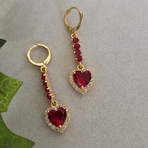 Gold Filled Red Crystal Heart Dangle Huggie Hoop Earrings